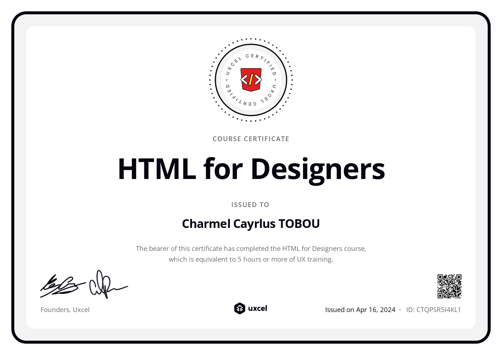 Charmel TOBOU's certificate